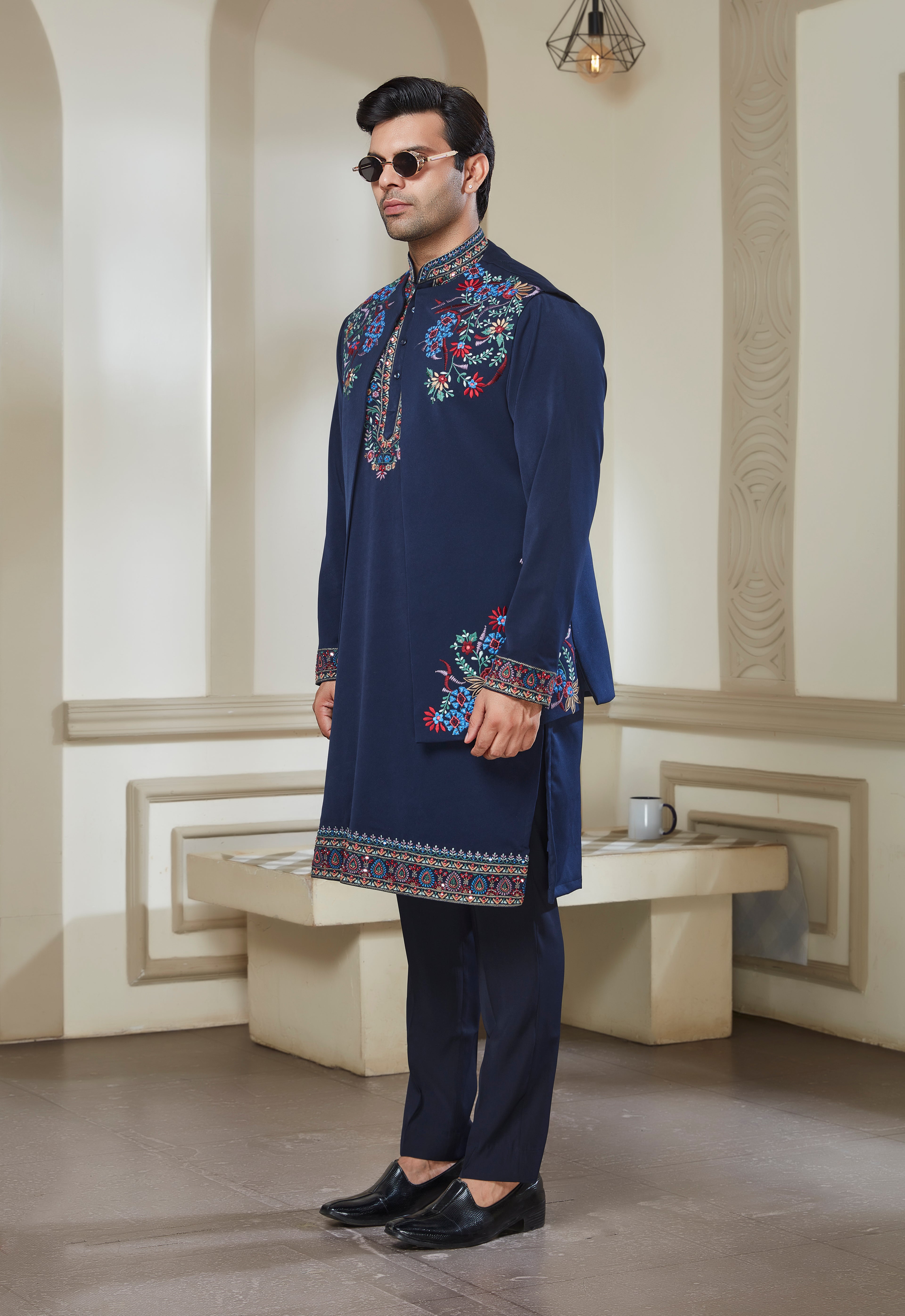 Blue Polyester Embroidered Bandi Kurta Set