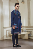 Blue Polyester Embroidered Bandi Kurta Set