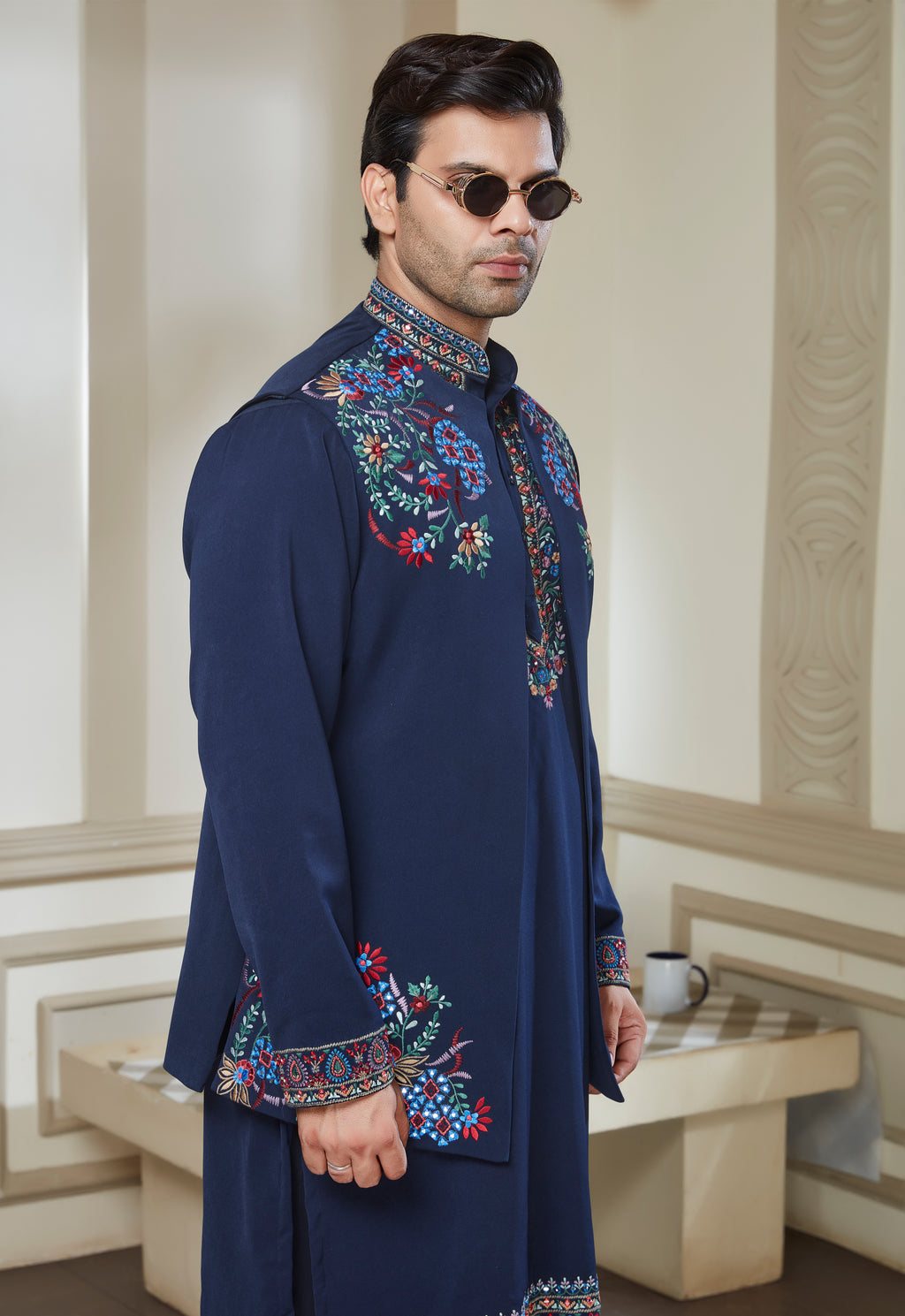 Blue Polyester Embroidered Bandi Kurta Set