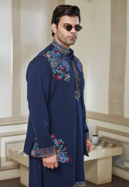 Blue Polyester Embroidered Bandi Kurta Set