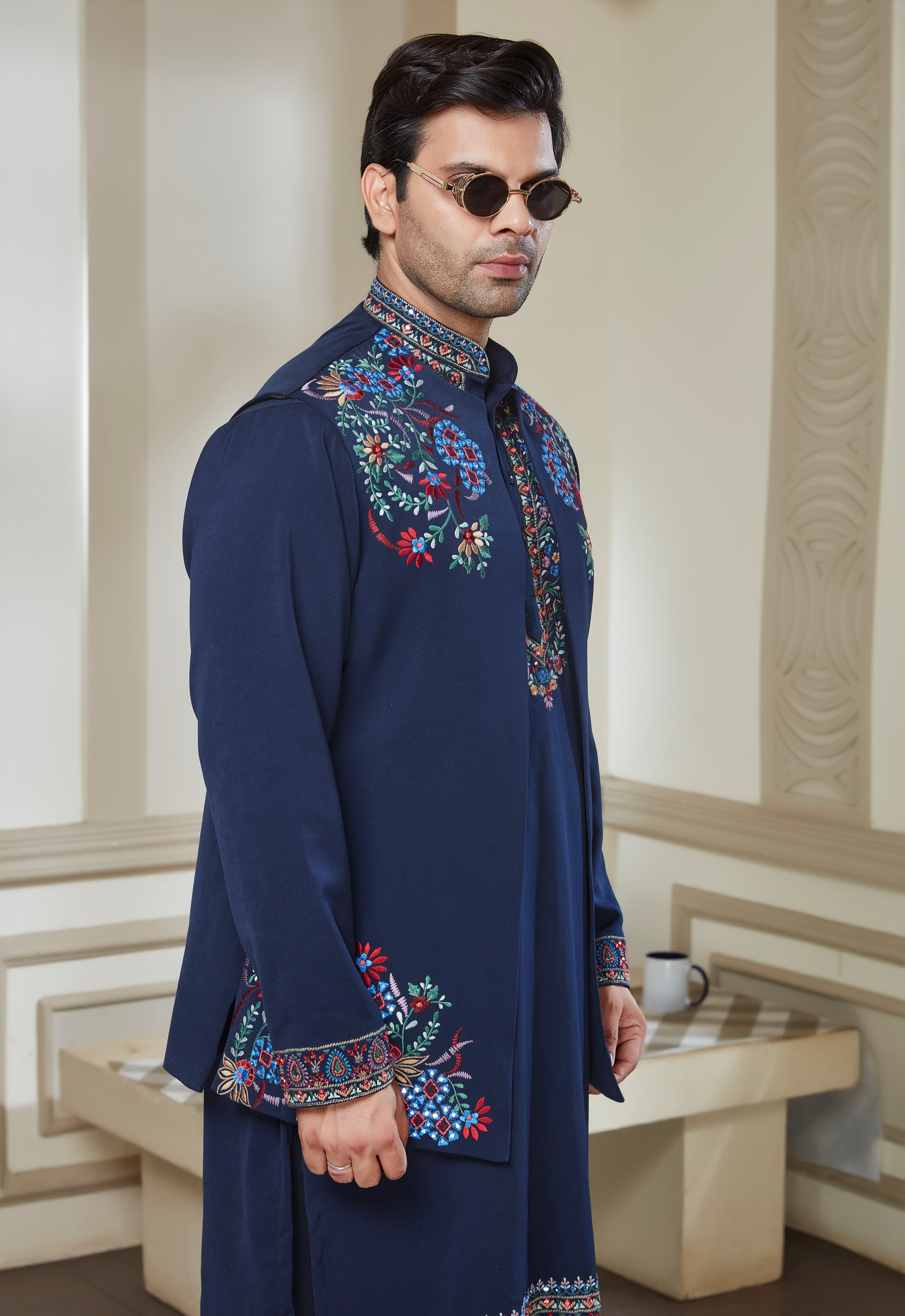 Blue Polyester Embroidered Bandi Kurta Set