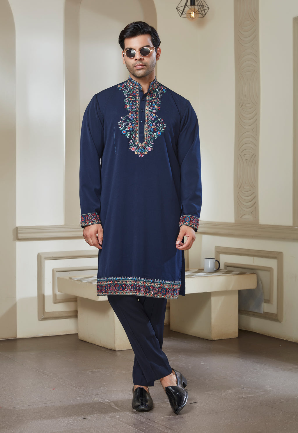 Blue Polyester Embroidered Bandi Kurta Set