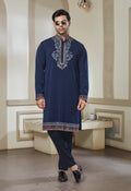 Blue Polyester Embroidered Bandi Kurta Set