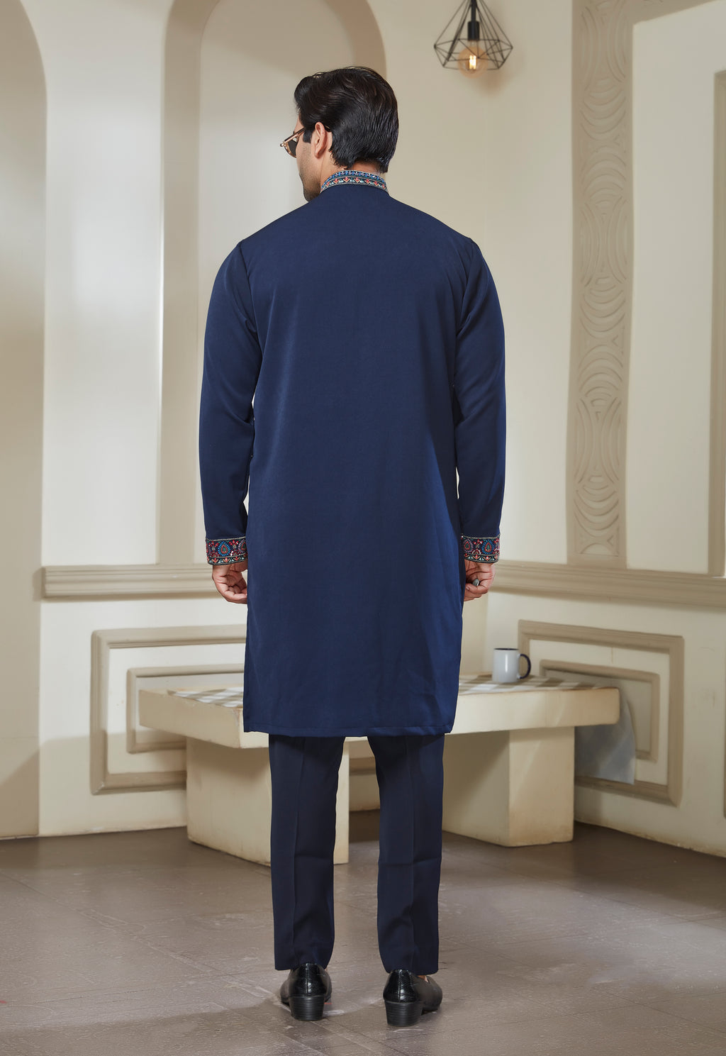 Blue Polyester Embroidered Bandi Kurta Set