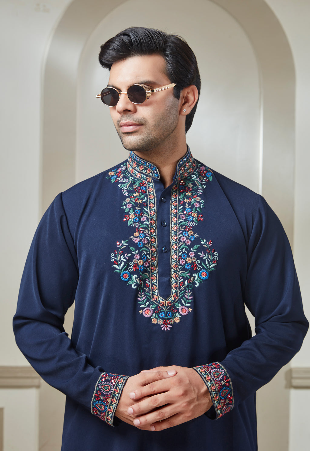 Blue Polyester Embroidered Bandi Kurta Set