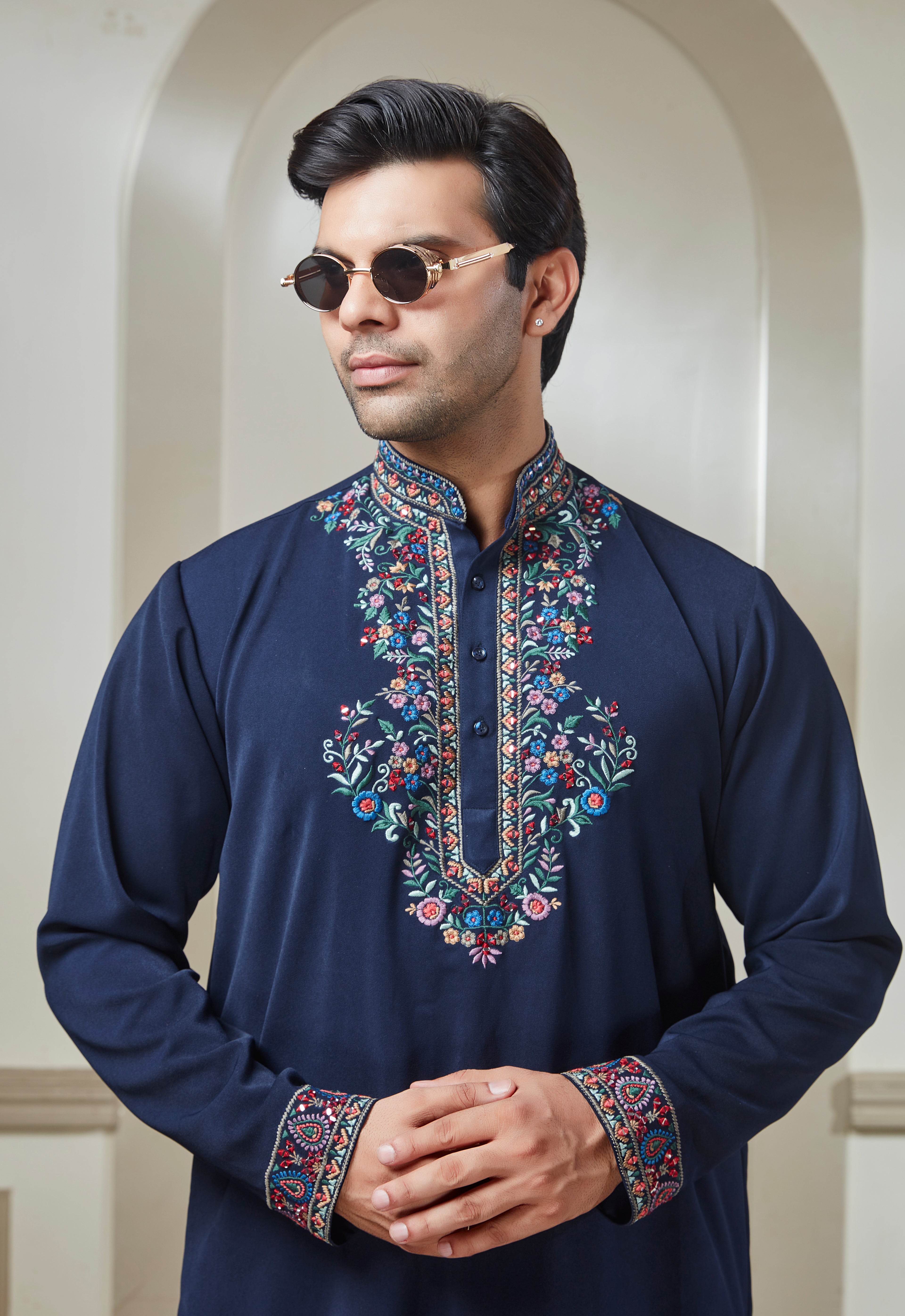 Blue Polyester Embroidered Bandi Kurta Set