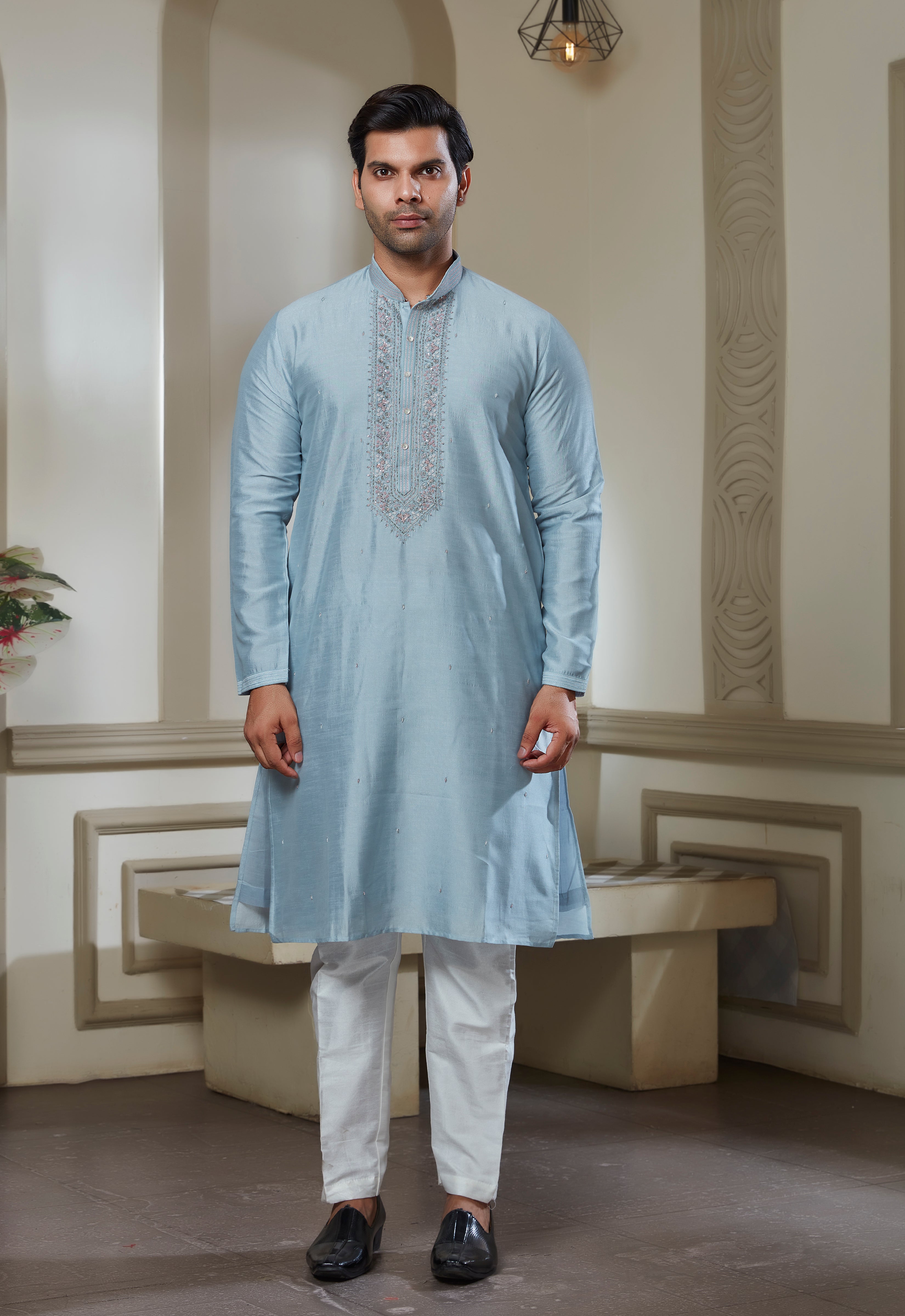 Blue Embroidered Kurta With Pant Set