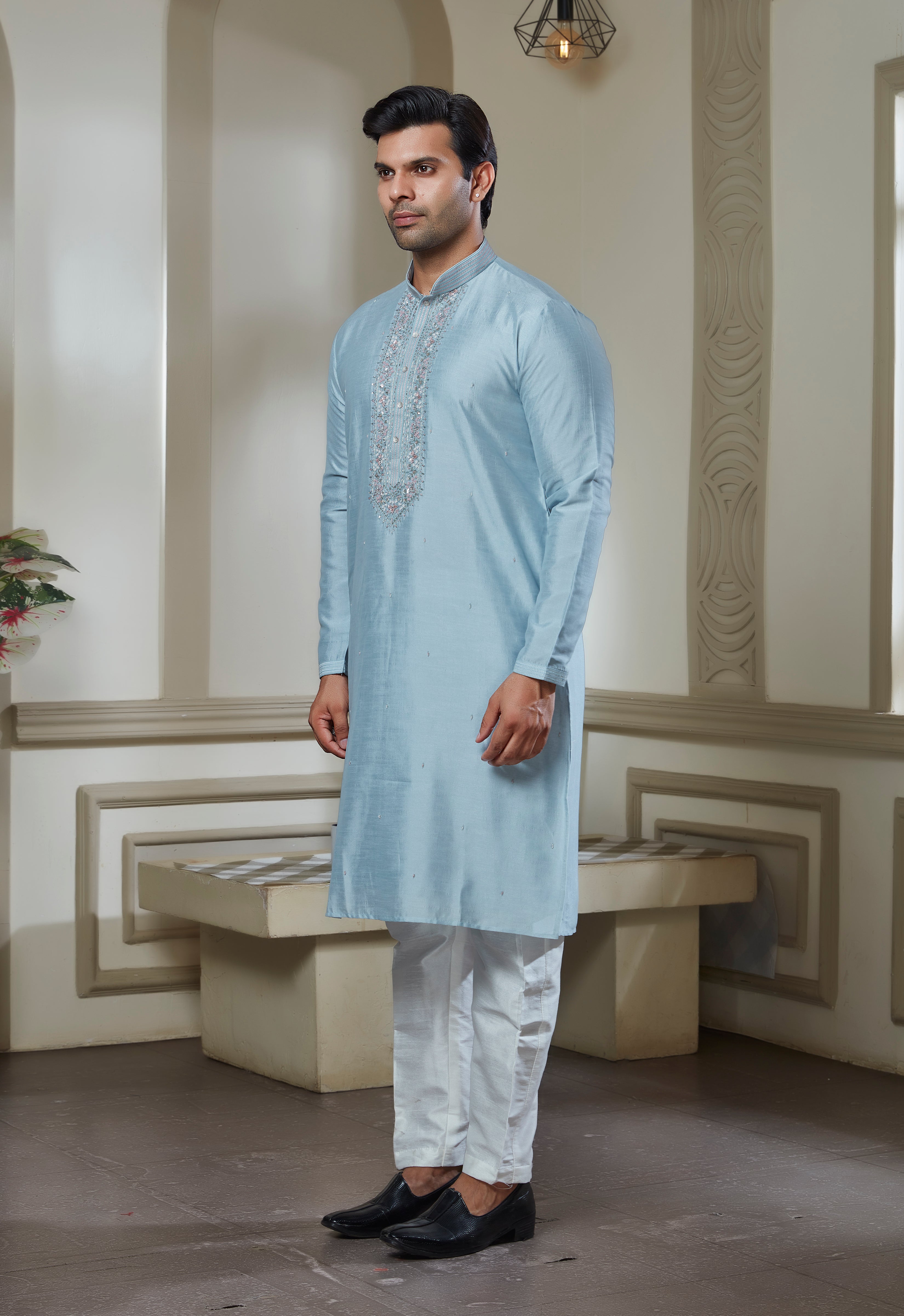 Blue Embroidered Kurta With Pant Set