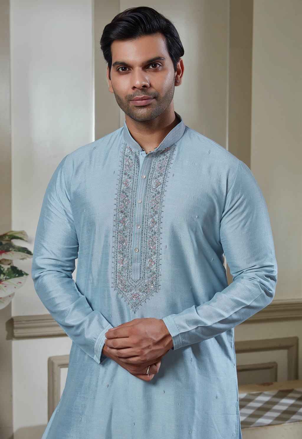 Blue Embroidered Kurta With Pant Set