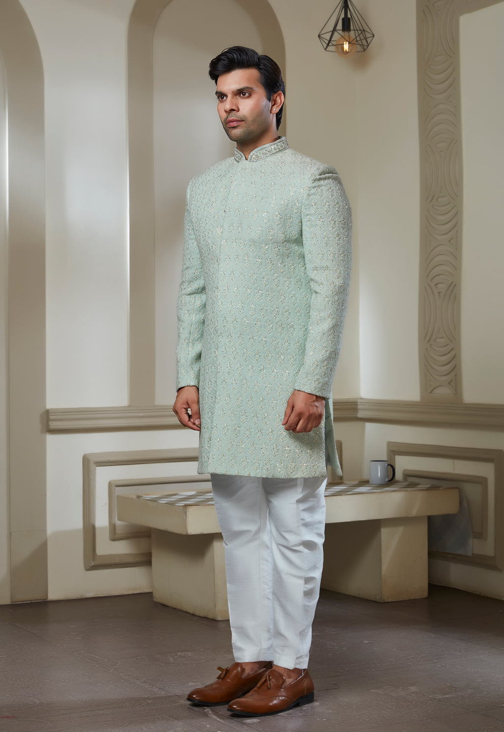 Mint Green Embroidered Sherwani Set
