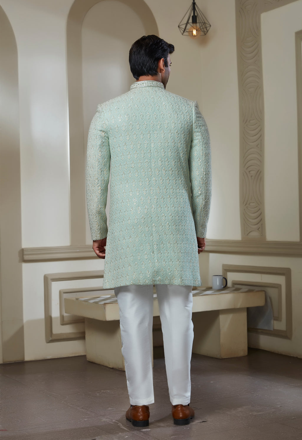Mint Green Embroidered Sherwani Set
