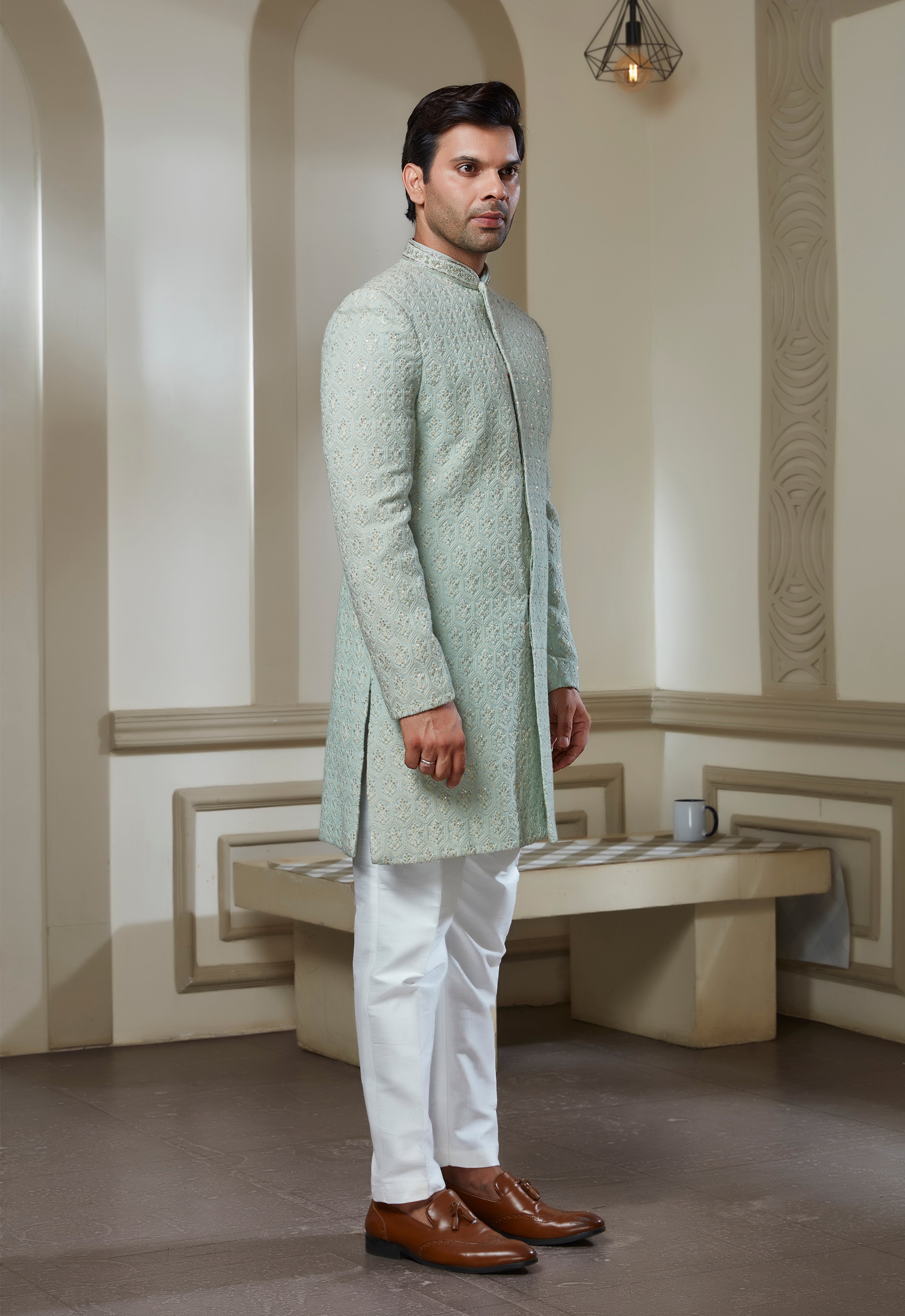 Mint Green Embroidered Sherwani Set