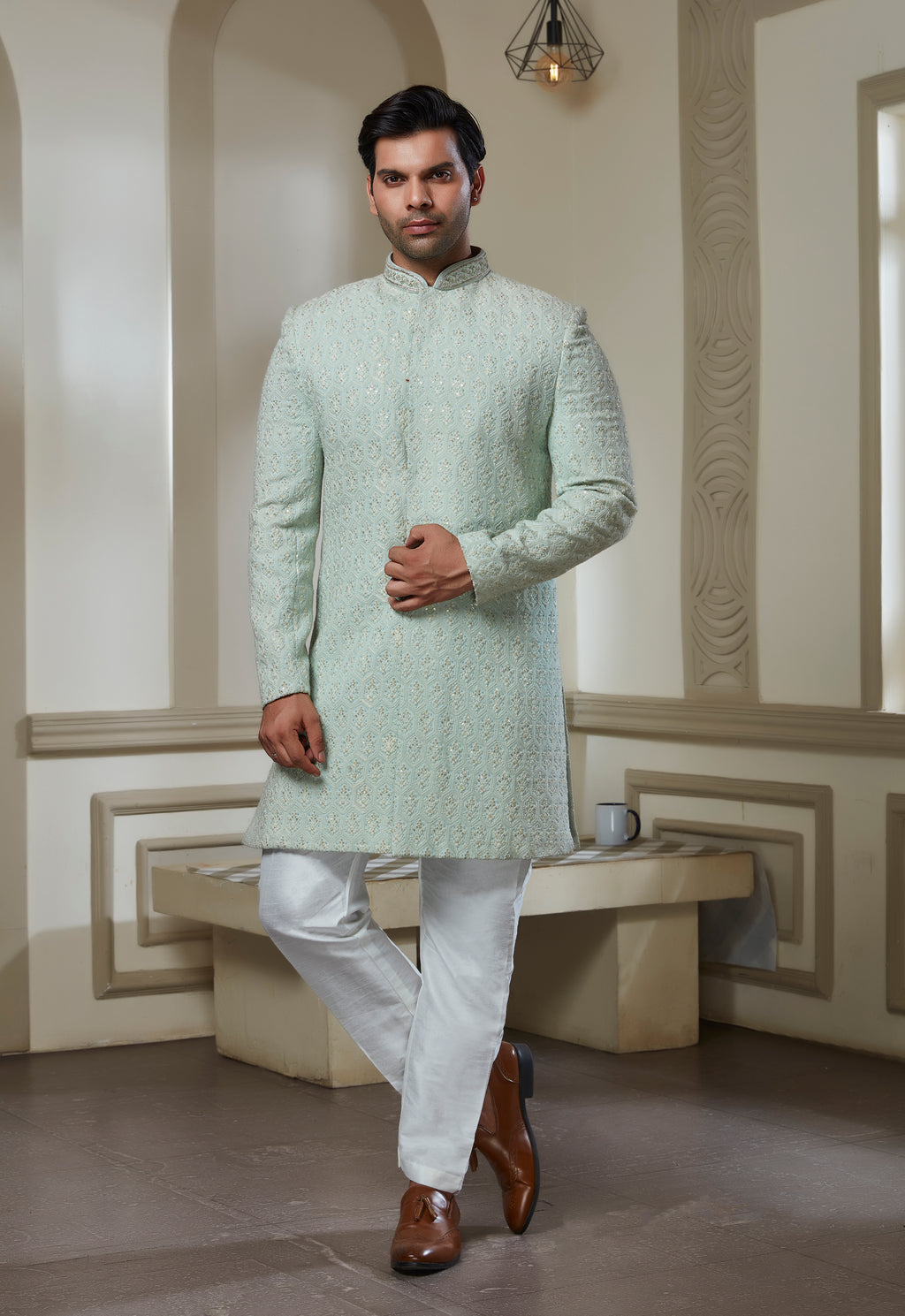 Mint Green Embroidered Sherwani Set