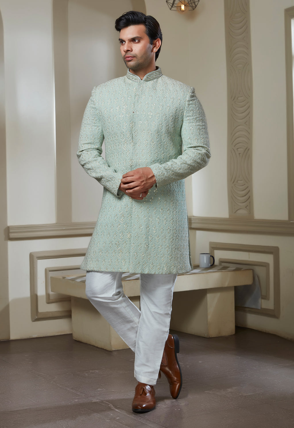 Mint Green Embroidered Sherwani Set