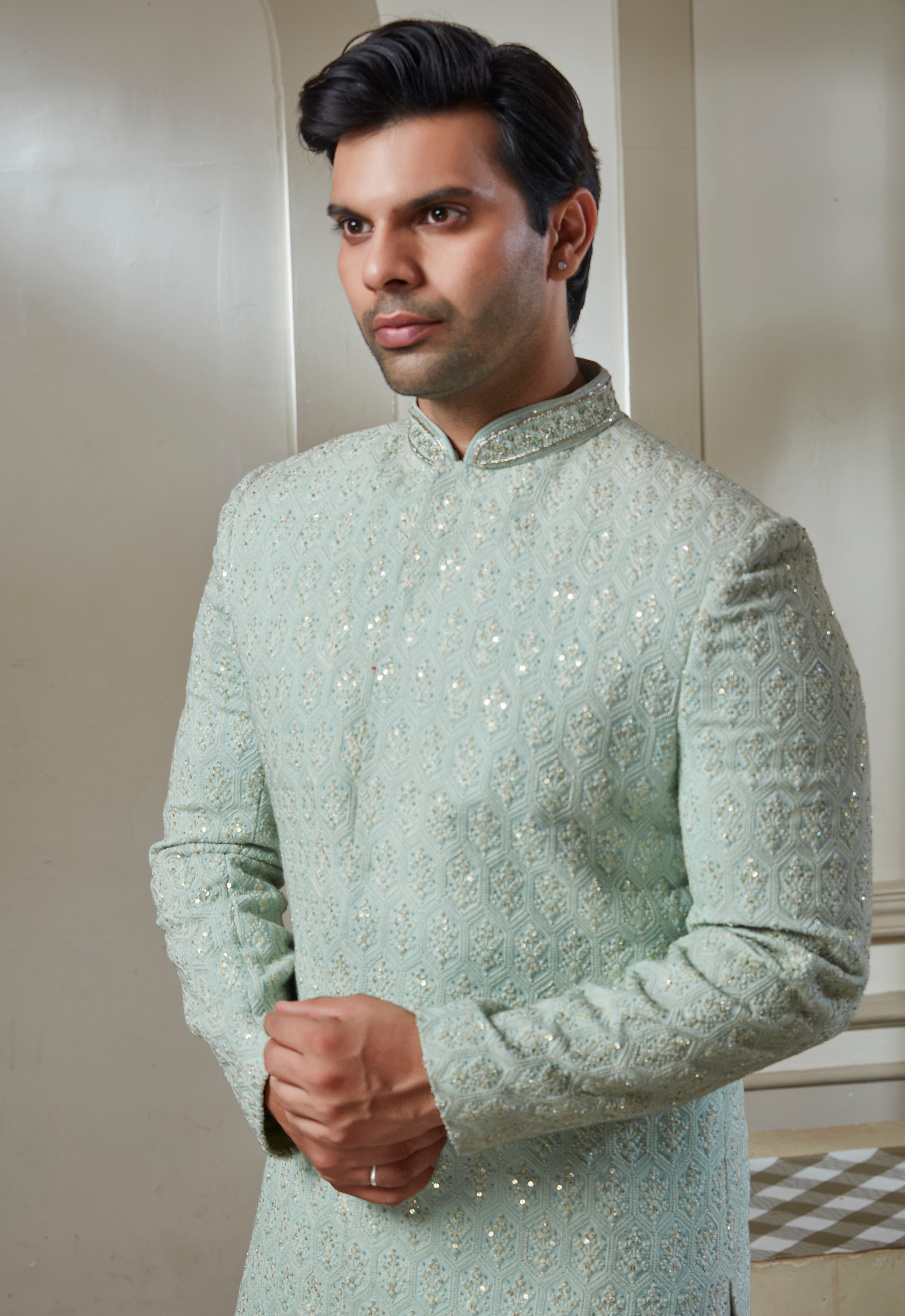 Mint Green Embroidered Sherwani Set
