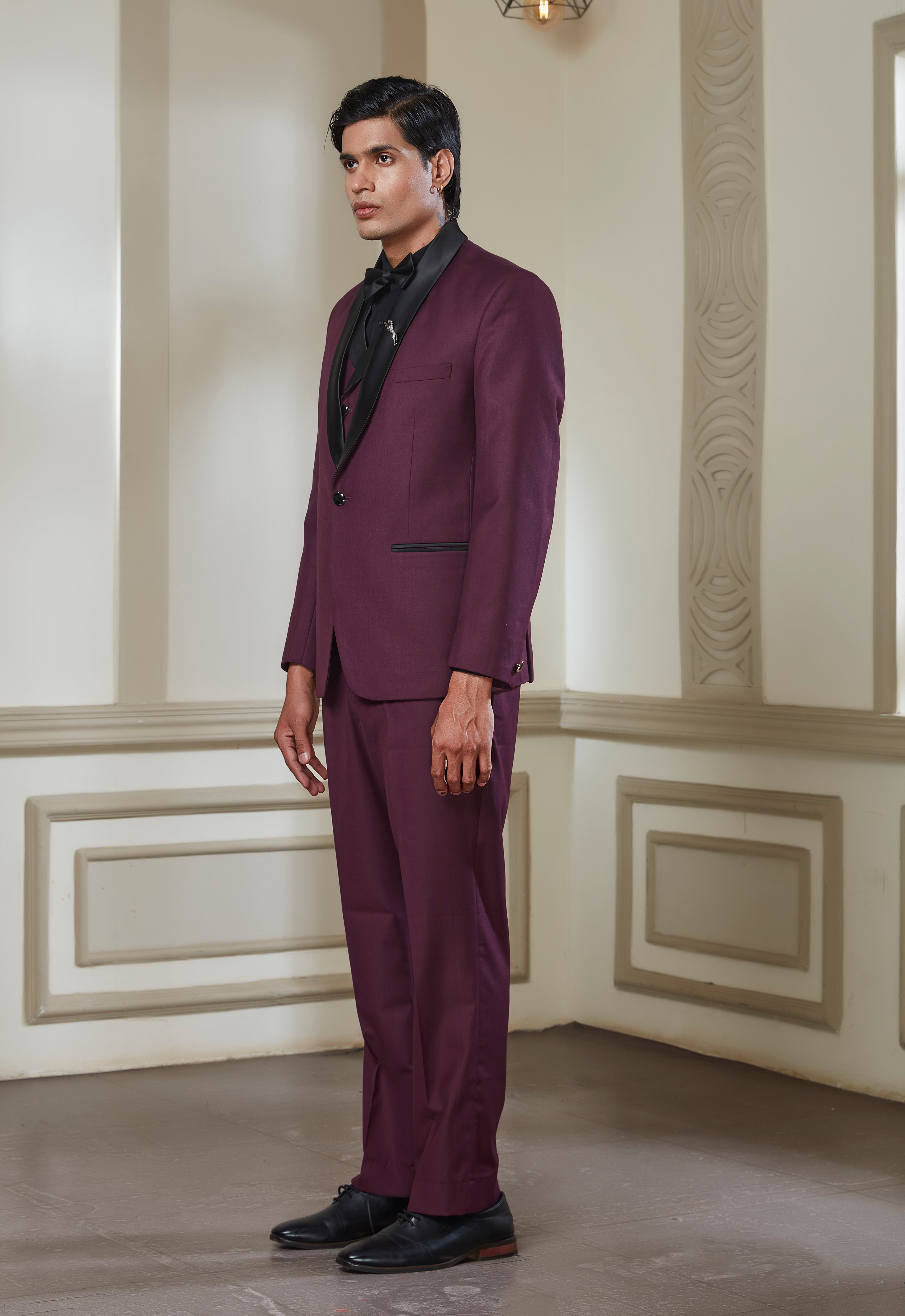 Wine 3 Peice Tuxedo Set With Black Satin Lapel