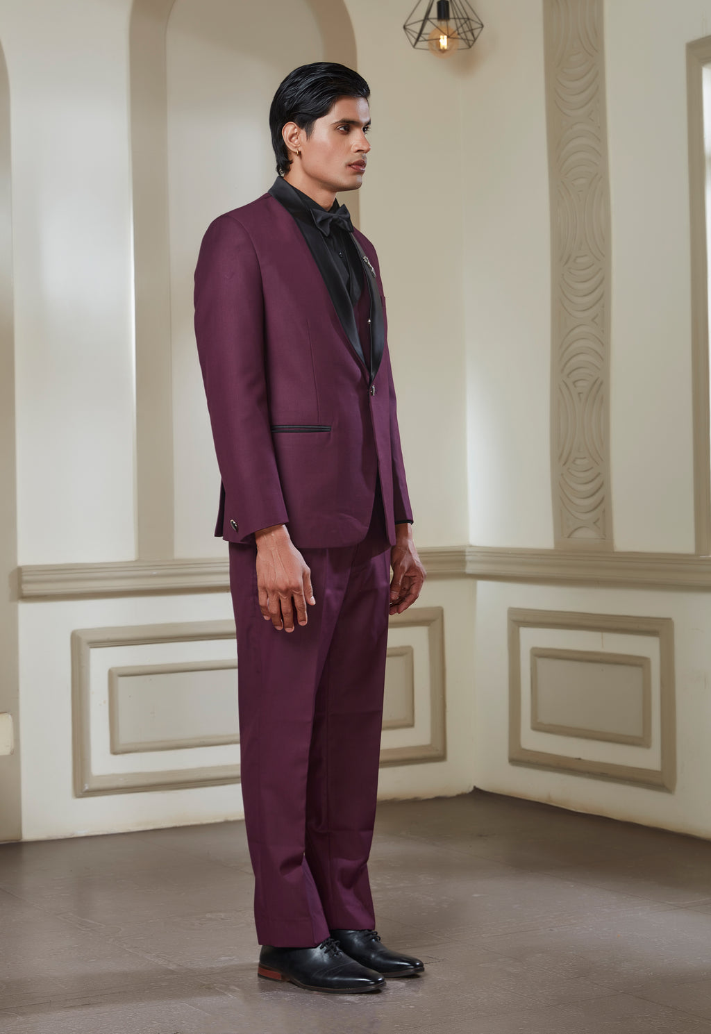 Wine 3 Peice Tuxedo Set With Black Satin Lapel