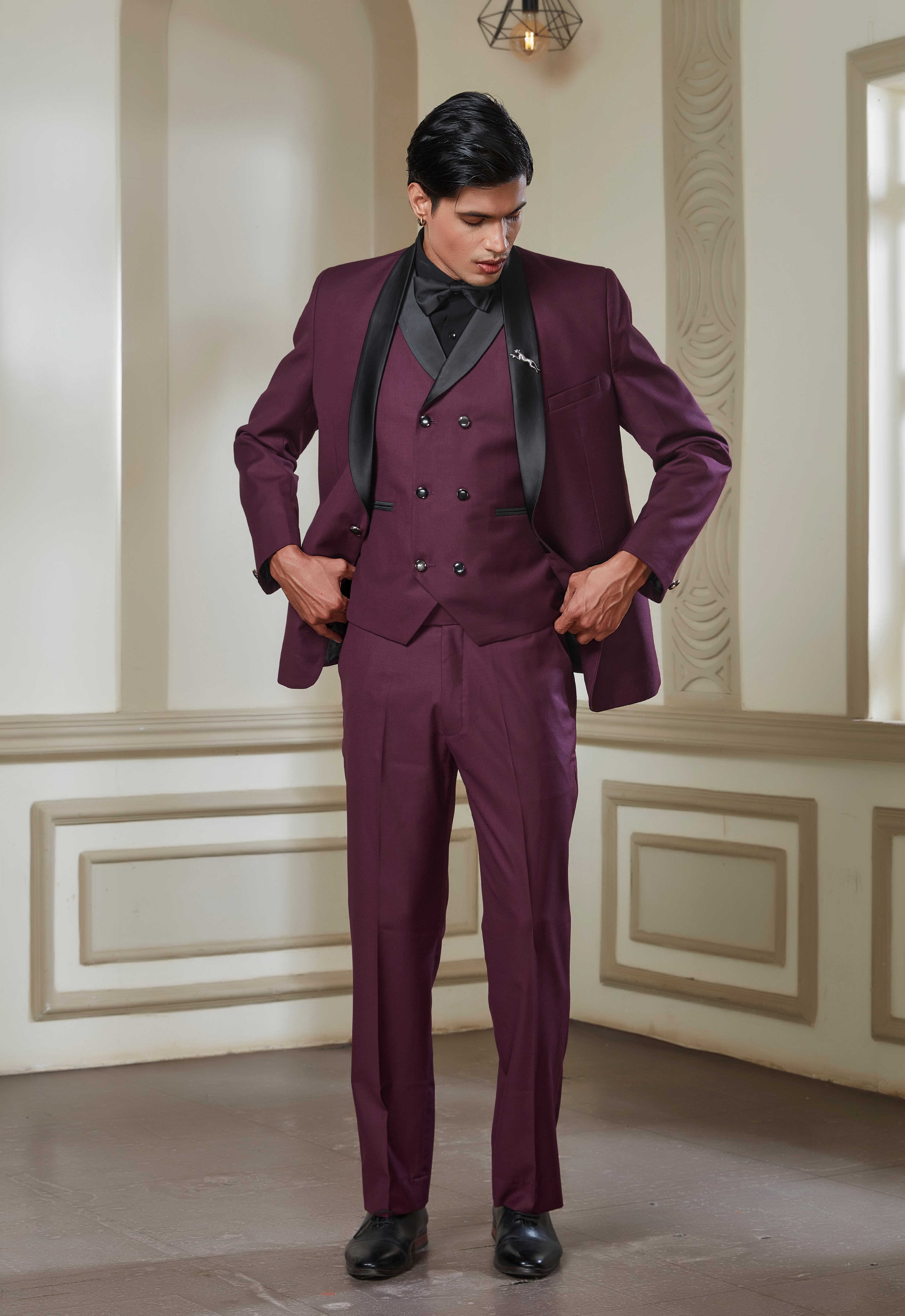 Wine 3 Peice Tuxedo Set With Black Satin Lapel