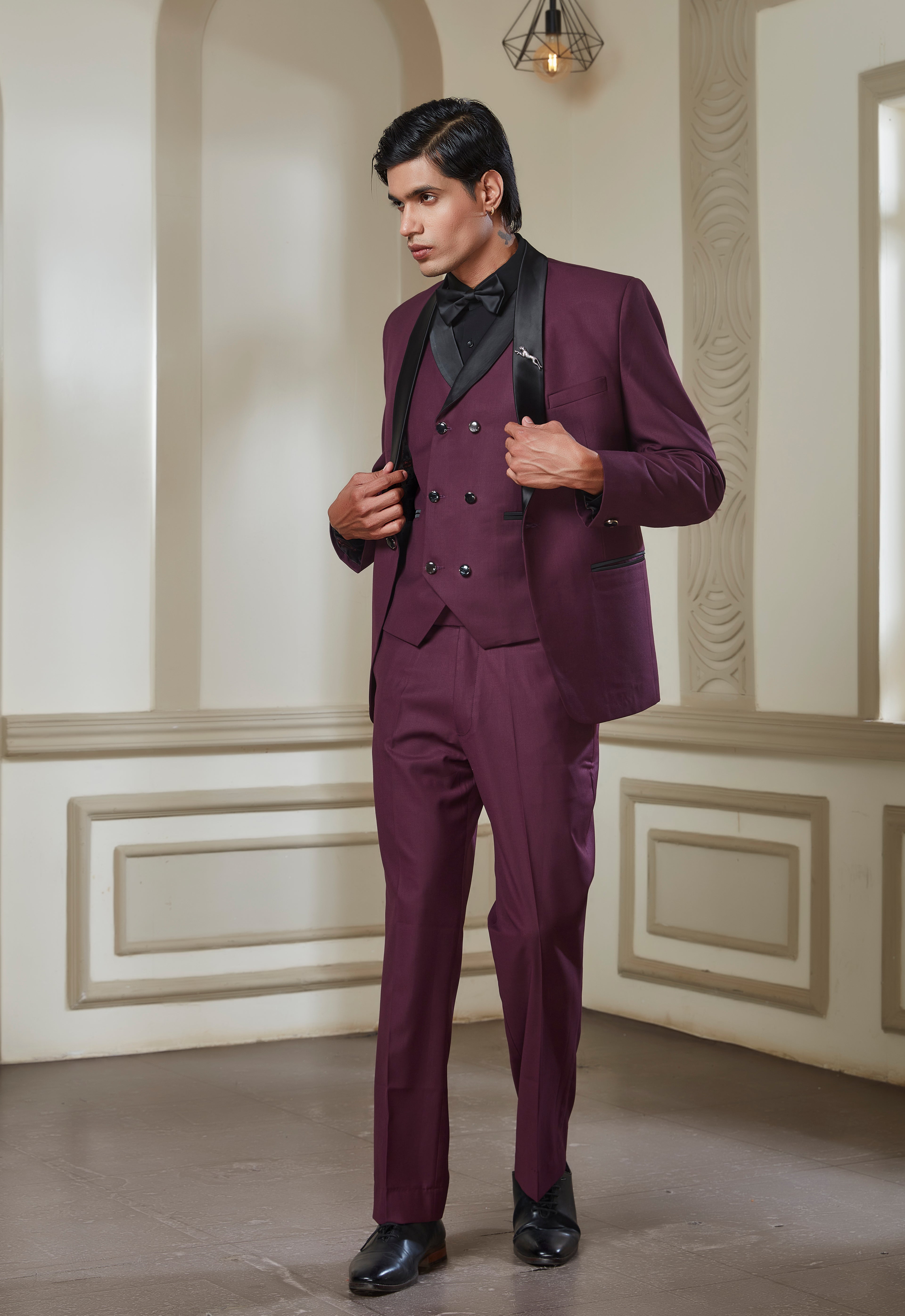 Wine 3 Peice Tuxedo Set With Black Satin Lapel
