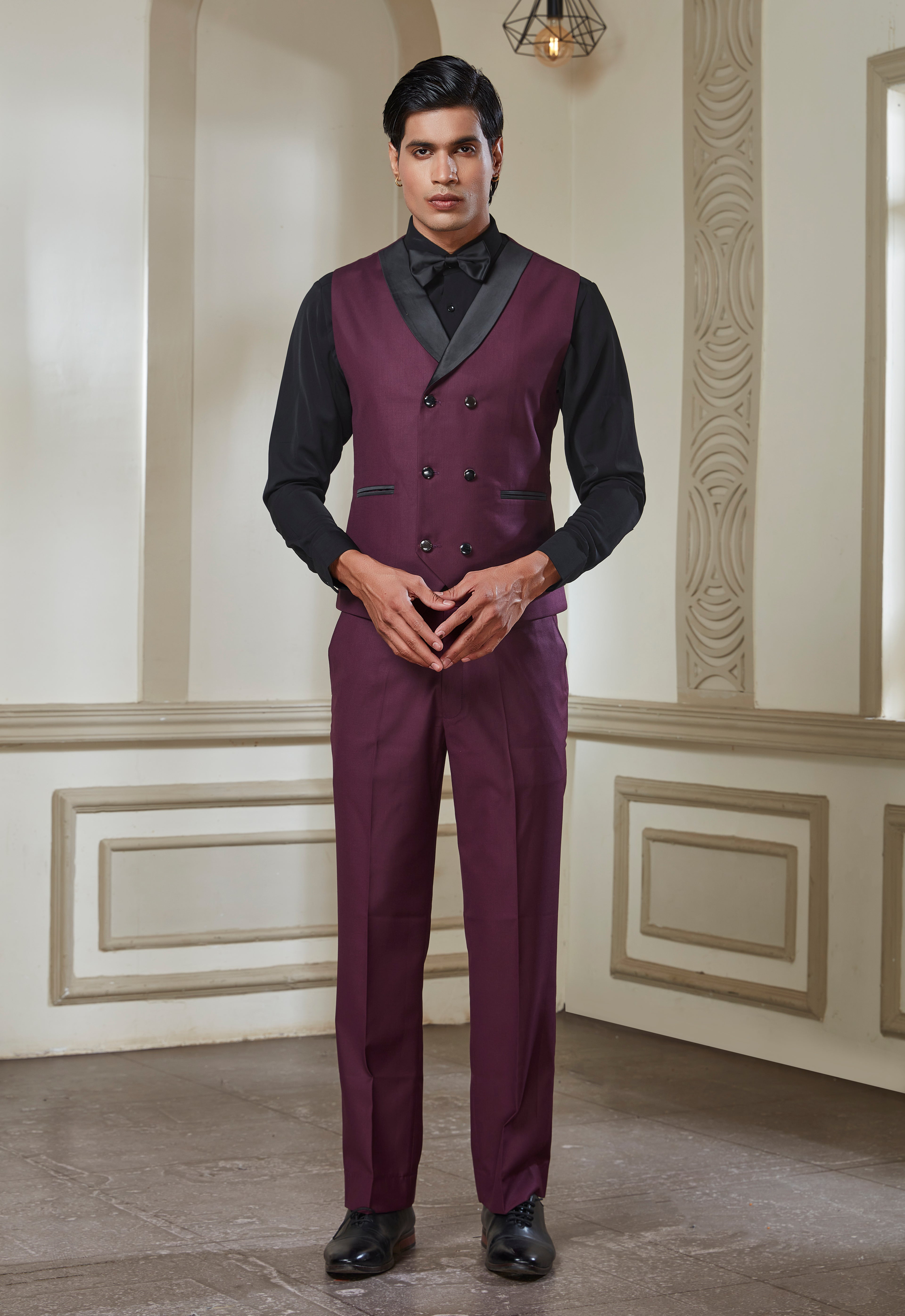 Wine 3 Peice Tuxedo Set With Black Satin Lapel