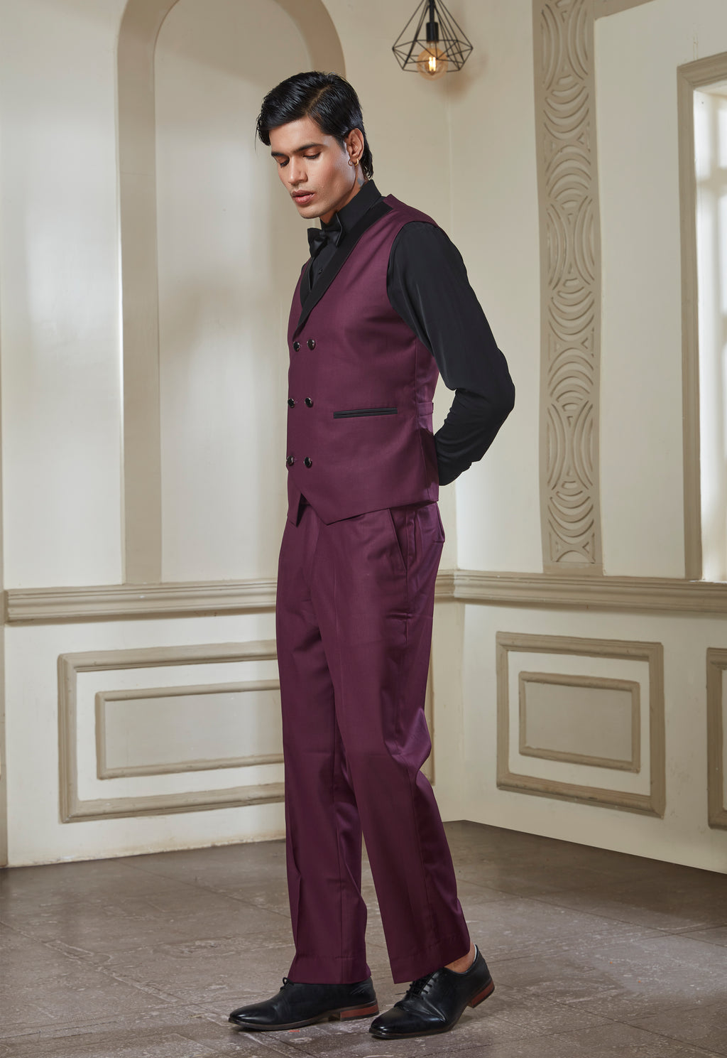 Wine 3 Peice Tuxedo Set With Black Satin Lapel