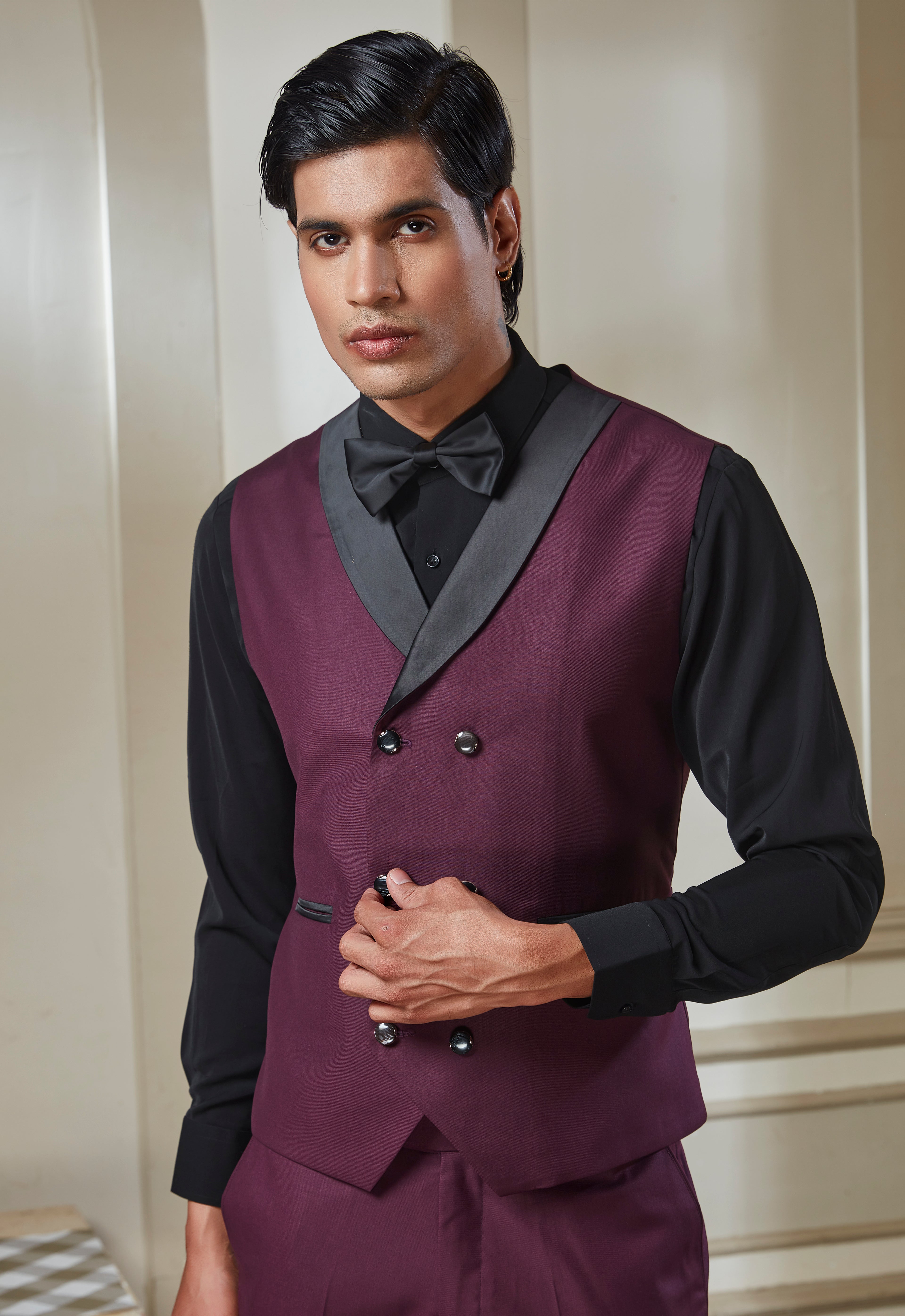 Wine 3 Peice Tuxedo Set With Black Satin Lapel