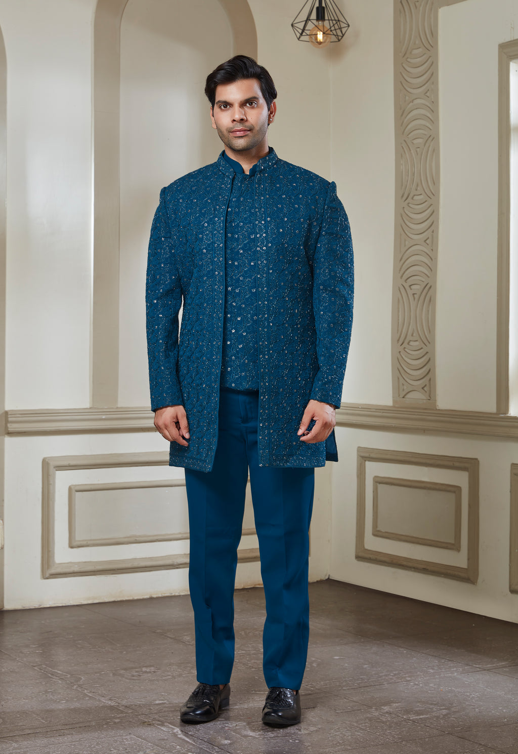 Embroidered Teal Blue Indowestern Set With Jacket Bandi And Pant