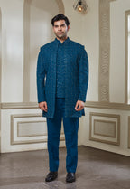 Embroidered Teal Blue Indowestern Set With Jacket Bandi And Pant