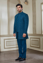 Embroidered Teal Blue Indowestern Set With Jacket Bandi And Pant