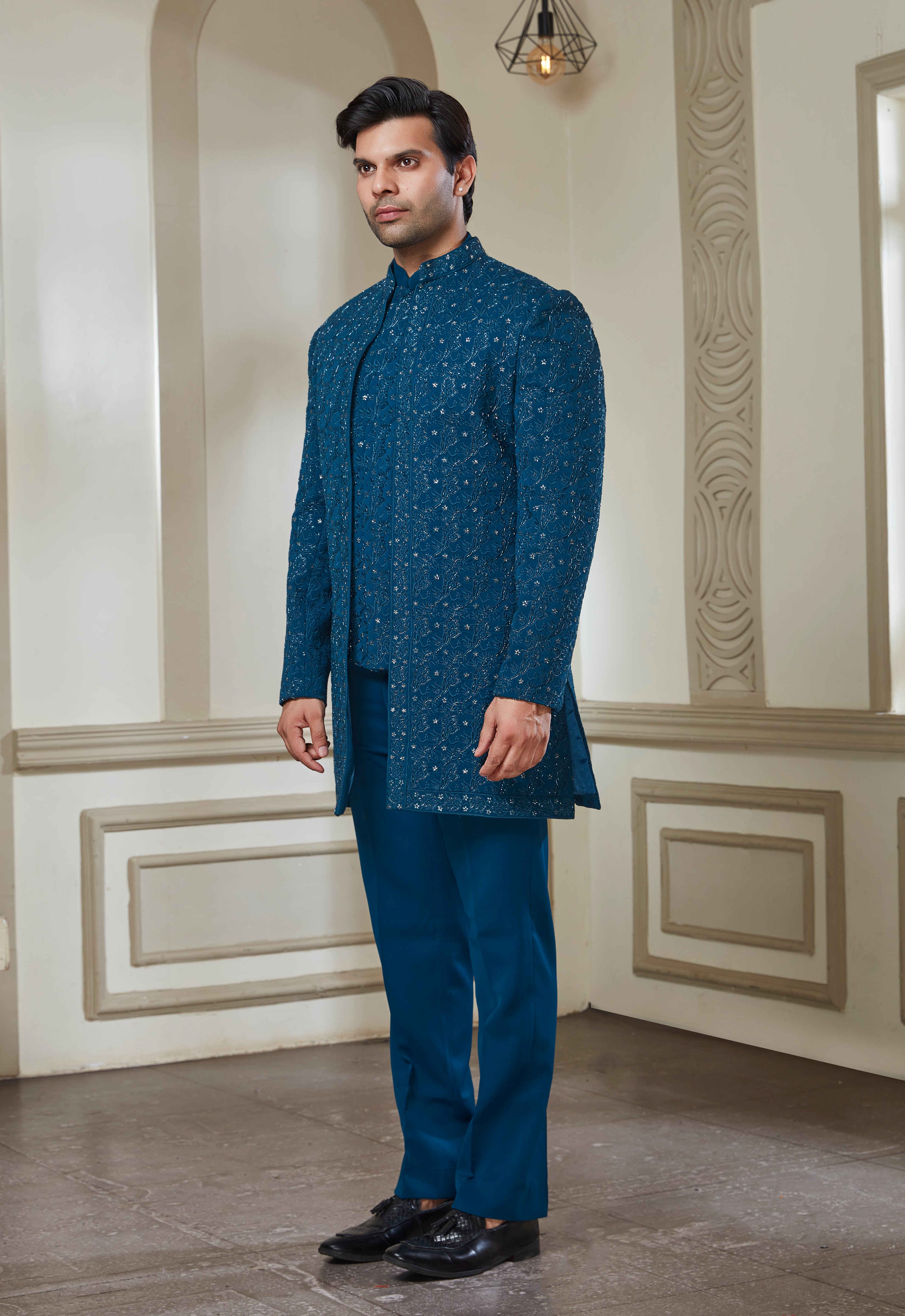 Embroidered Teal Blue Indowestern Set With Jacket Bandi And Pant