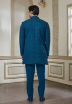 Embroidered Teal Blue Indowestern Set With Jacket Bandi And Pant
