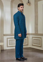 Embroidered Teal Blue Indowestern Set With Jacket Bandi And Pant
