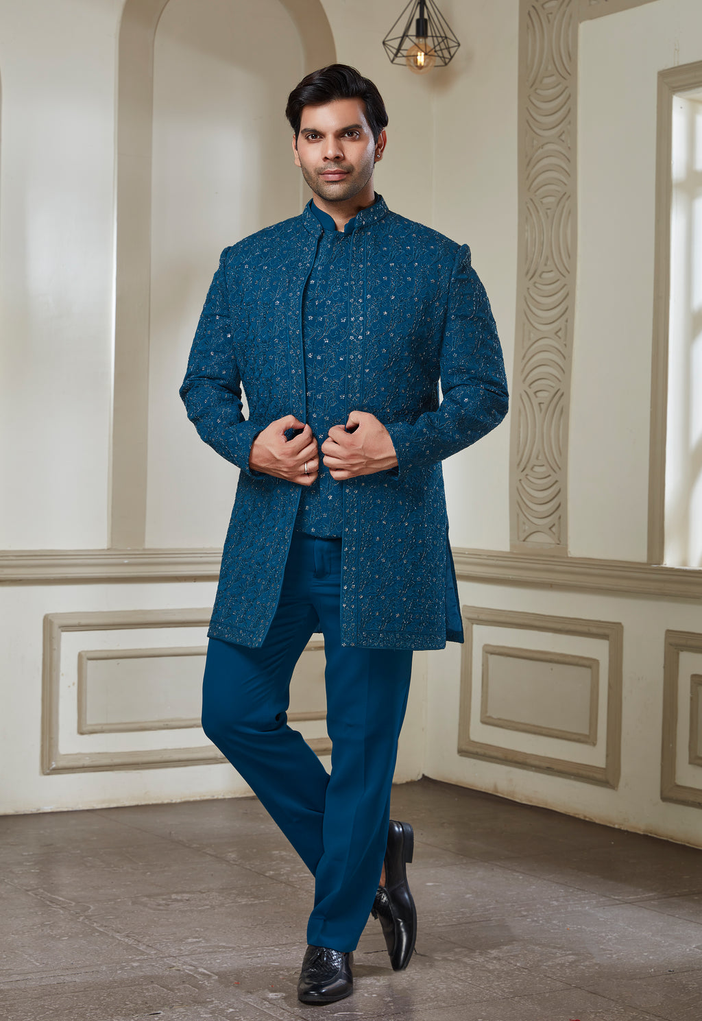 Embroidered Teal Blue Indowestern Set With Jacket Bandi And Pant