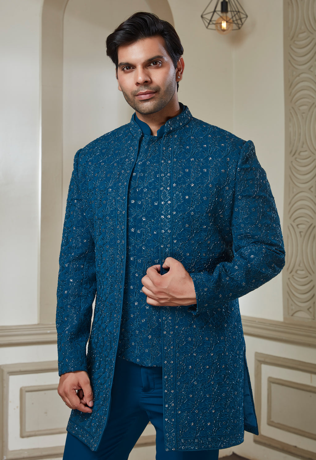 Embroidered Teal Blue Indowestern Set With Jacket Bandi And Pant