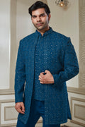 Embroidered Teal Blue Indowestern Set With Jacket Bandi And Pant
