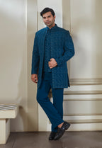 Embroidered Teal Blue Indowestern Set With Jacket Bandi And Pant