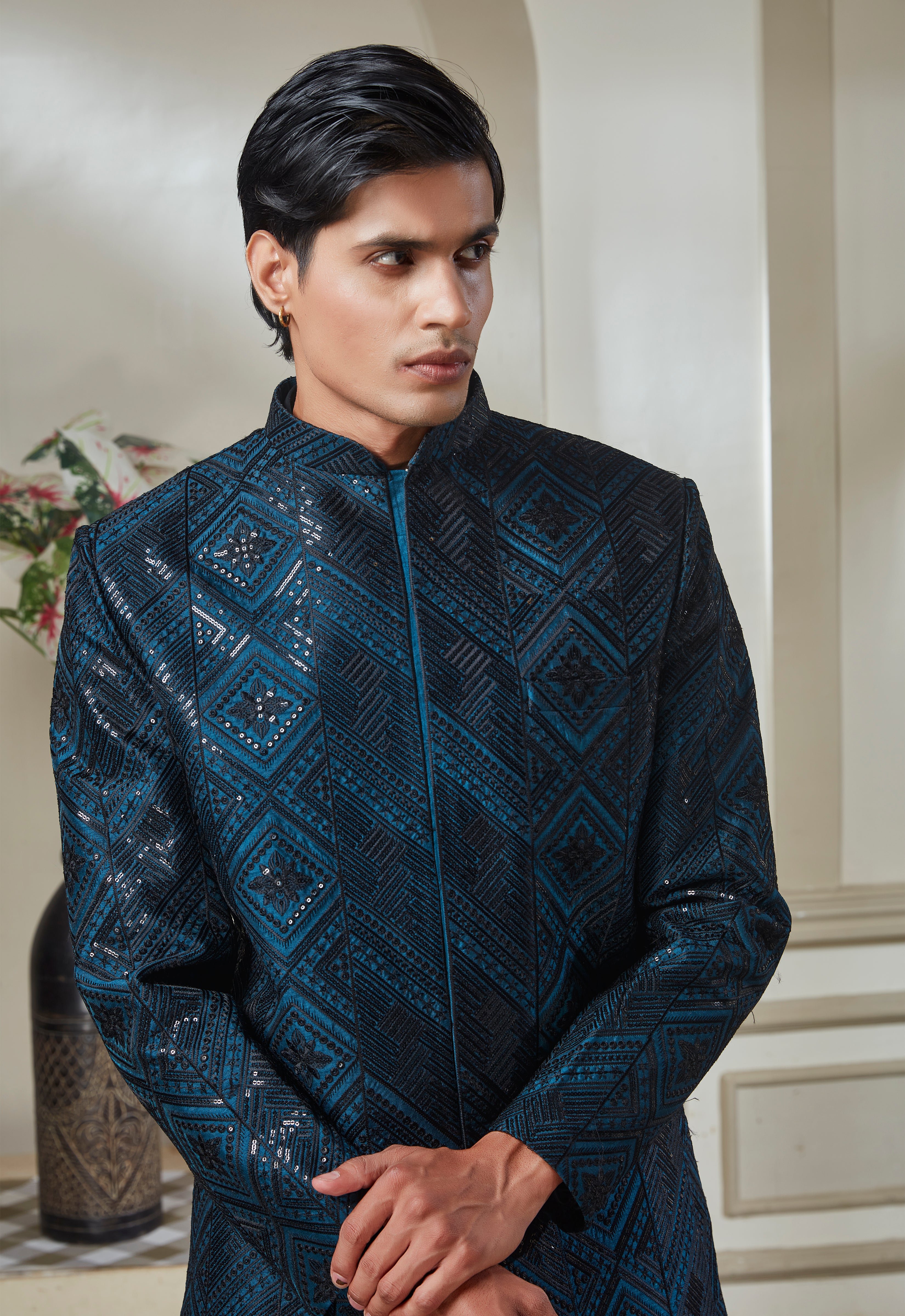 Teal Green Sequin Embroidered Jodhpuri And Pant
