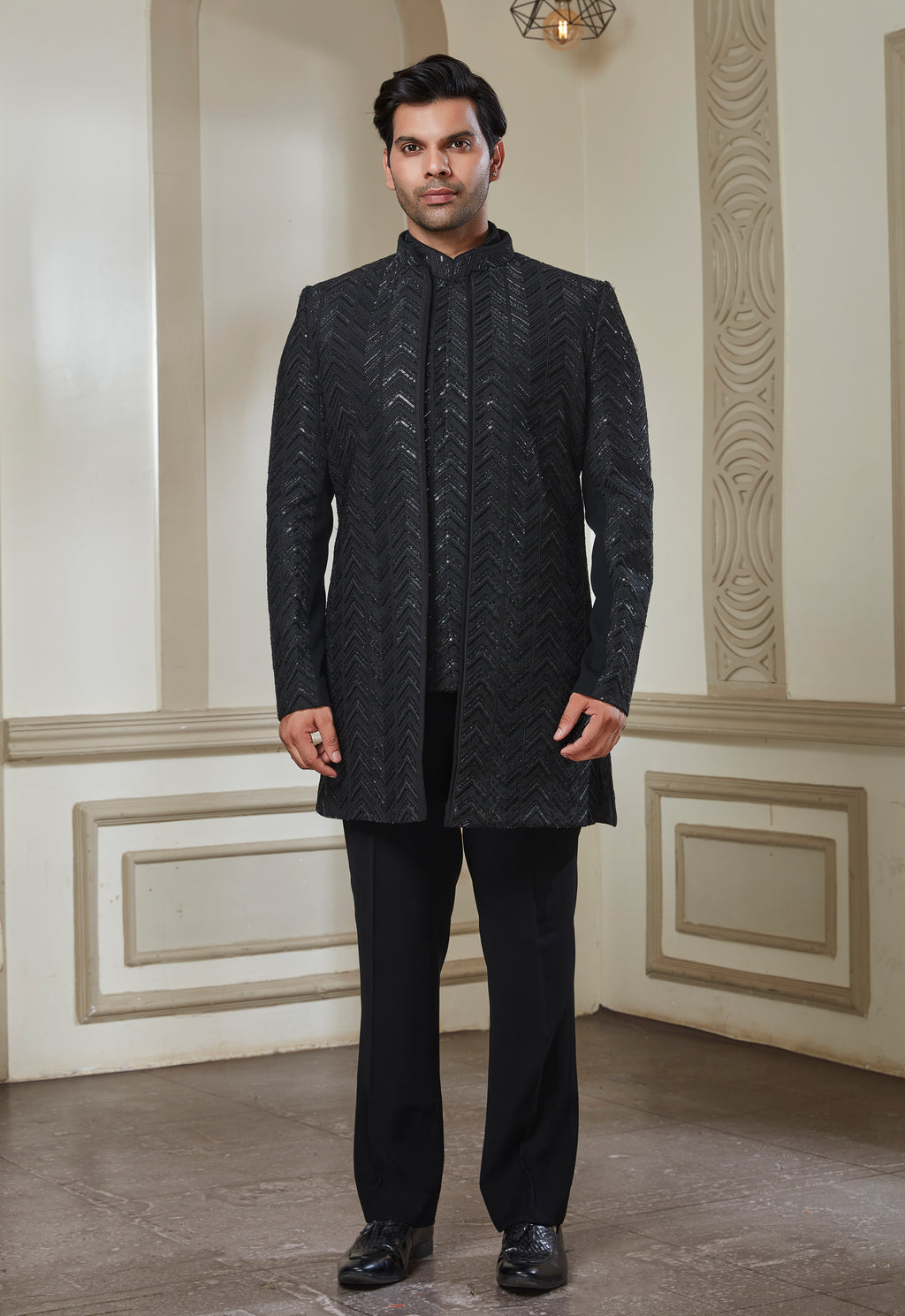 Embroidered Jacket With Bandi And Pant Set
