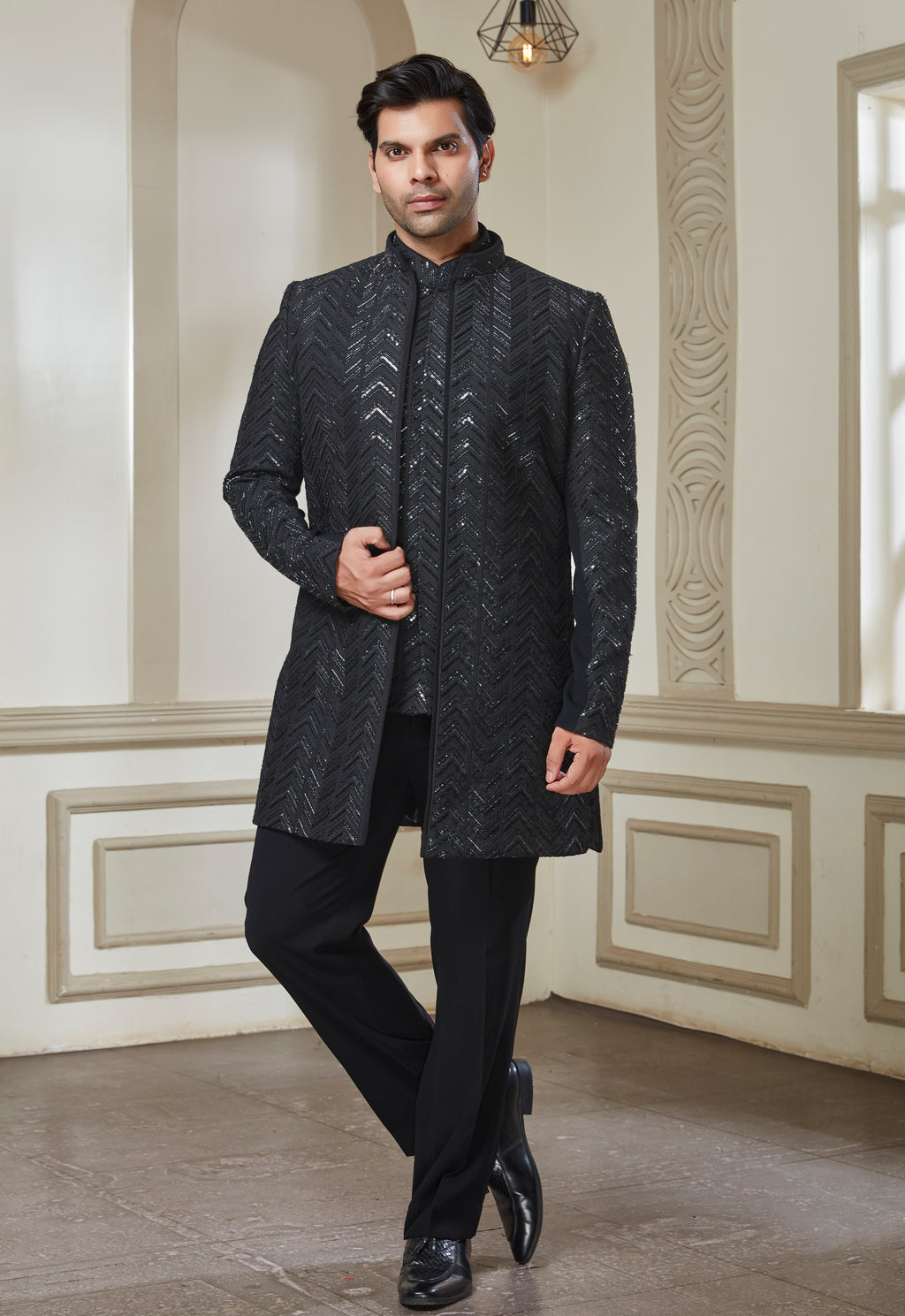 Embroidered Jacket With Bandi And Pant Set