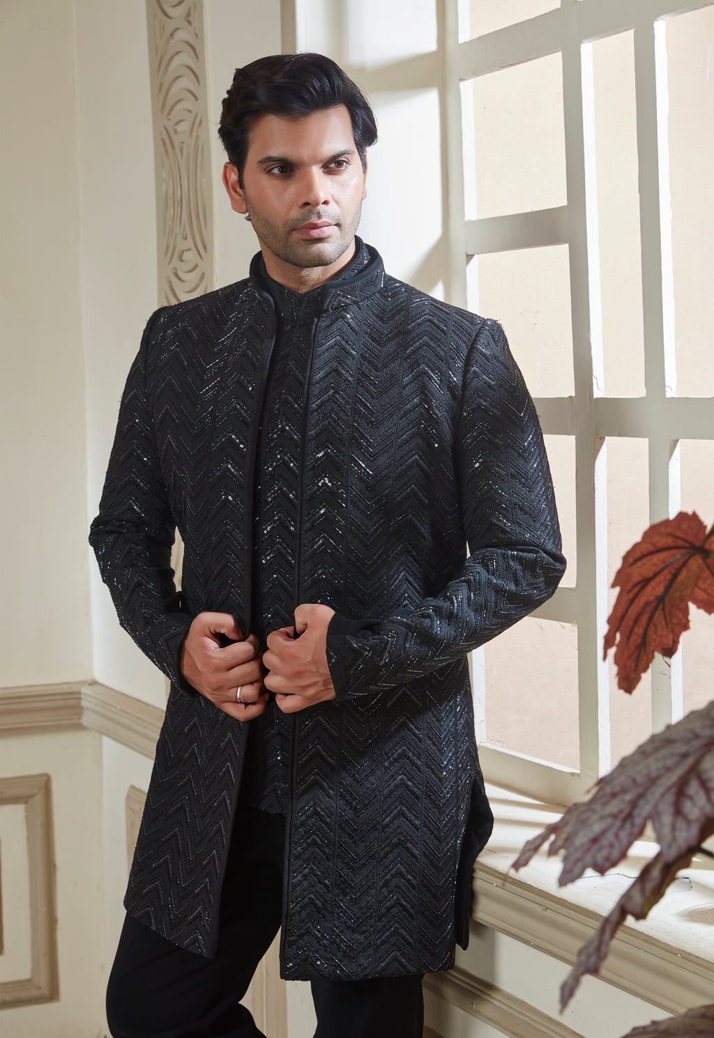Embroidered Jacket With Bandi And Pant Set