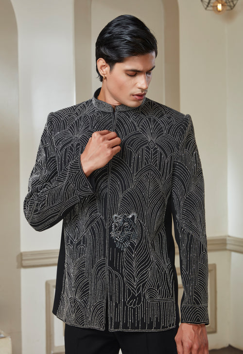 Ensemble Jodhpuri noir avec broderie argentée
