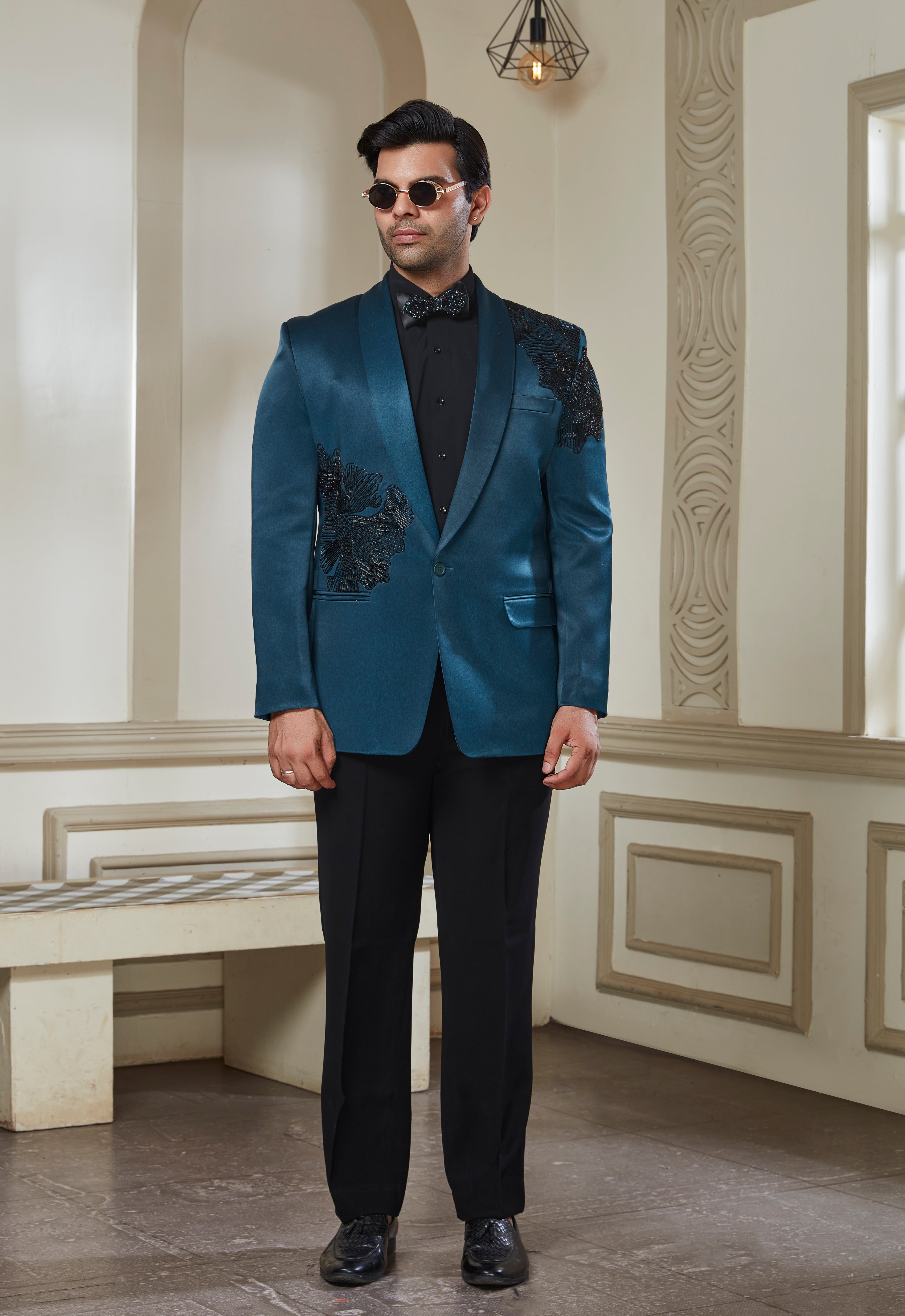 Green Satin Tuxedo With Black Embroidery