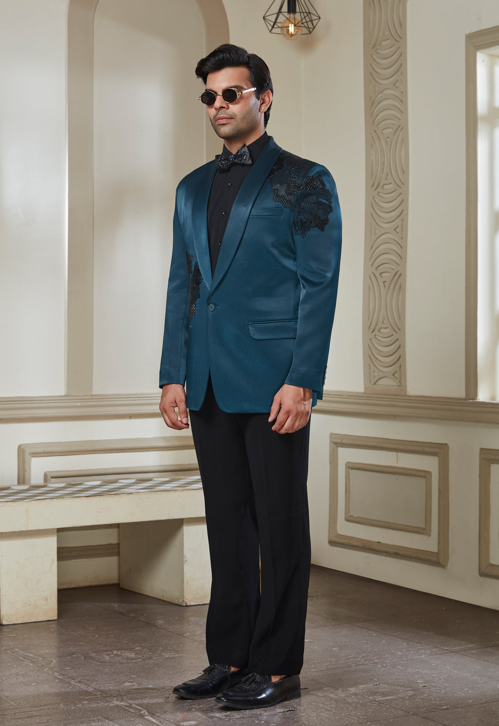 Green Satin Tuxedo With Black Embroidery