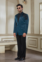 Green Satin Tuxedo With Black Embroidery