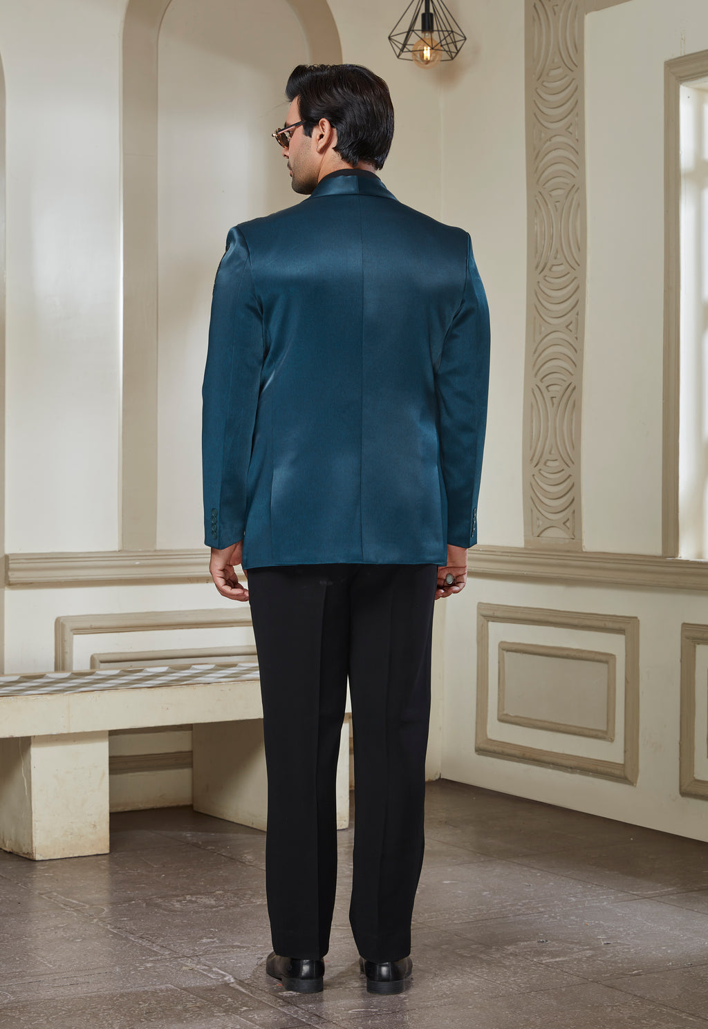 Green Satin Tuxedo With Black Embroidery