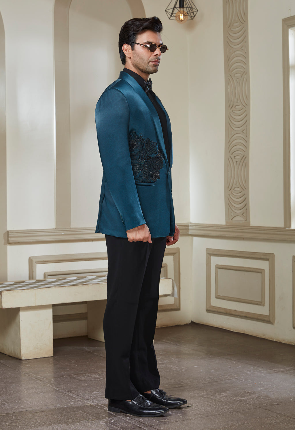 Green Satin Tuxedo With Black Embroidery