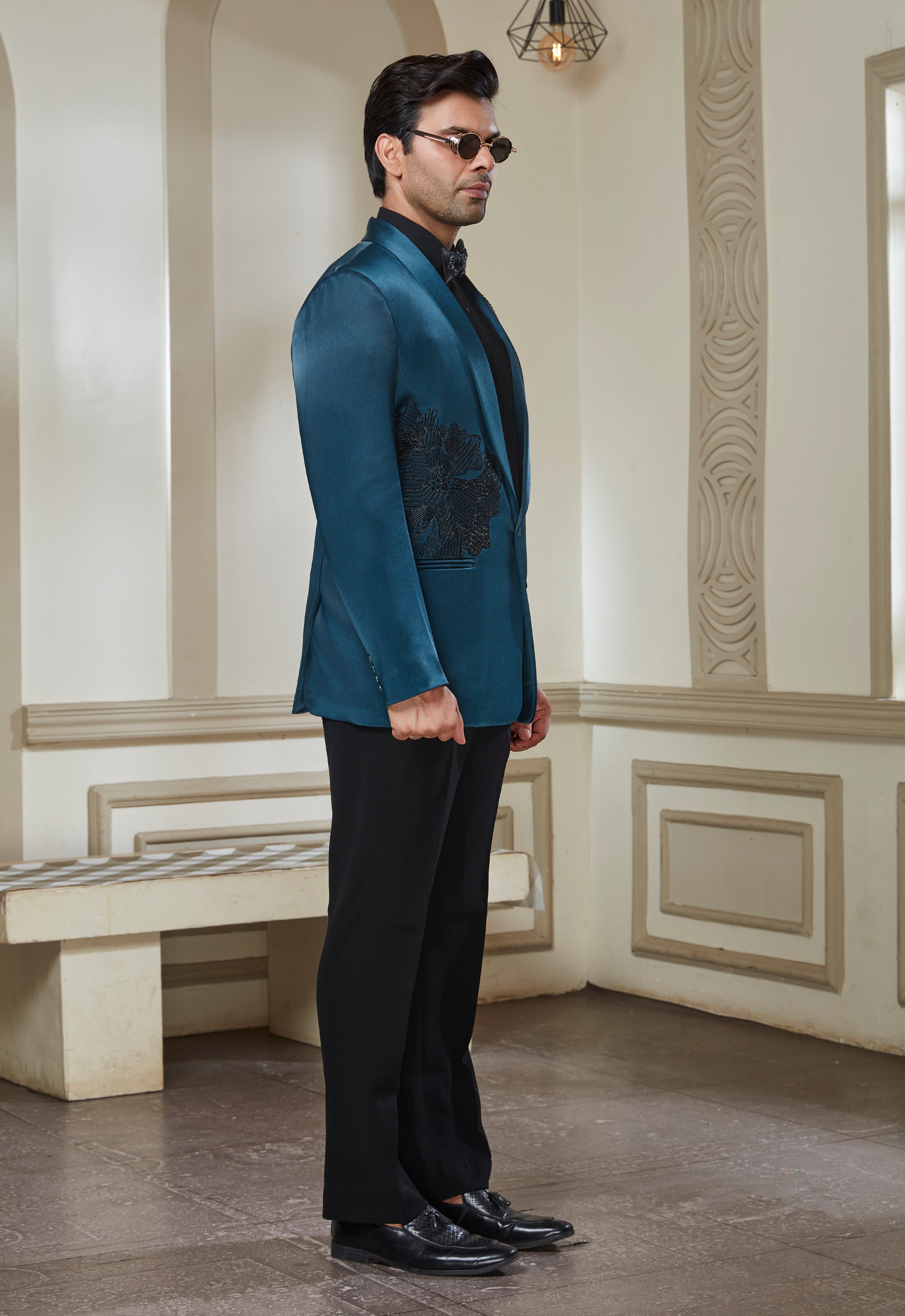 Green Satin Tuxedo With Black Embroidery