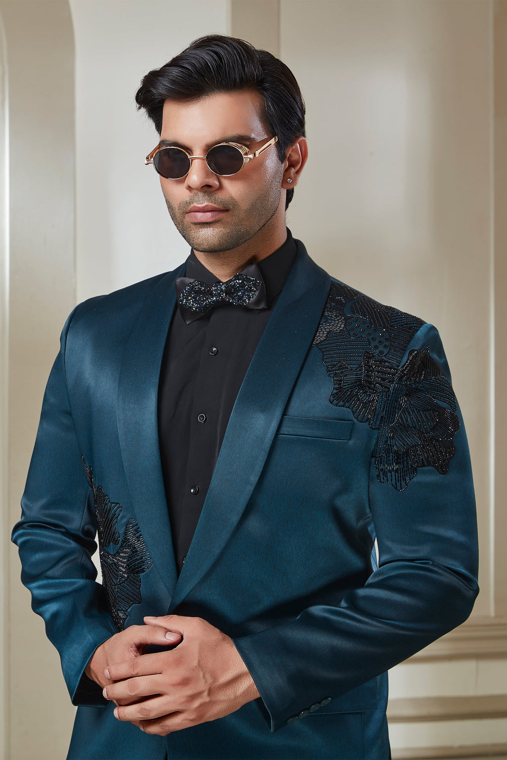 Green Satin Tuxedo With Black Embroidery