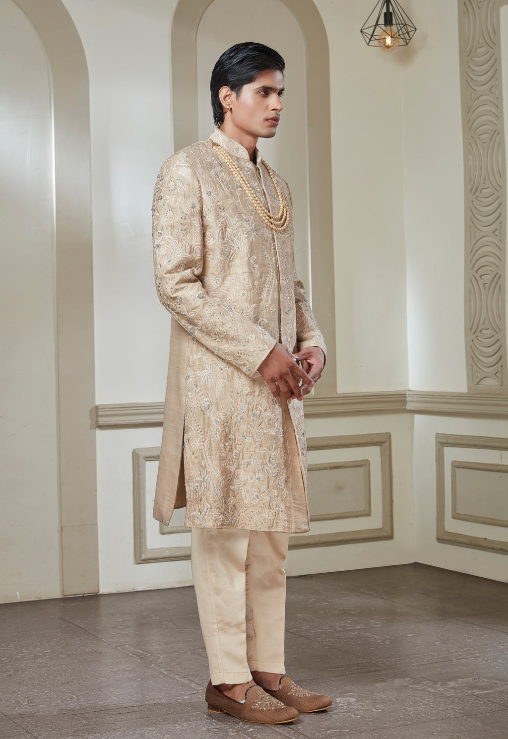 Beige Embroidered Sherwani Set