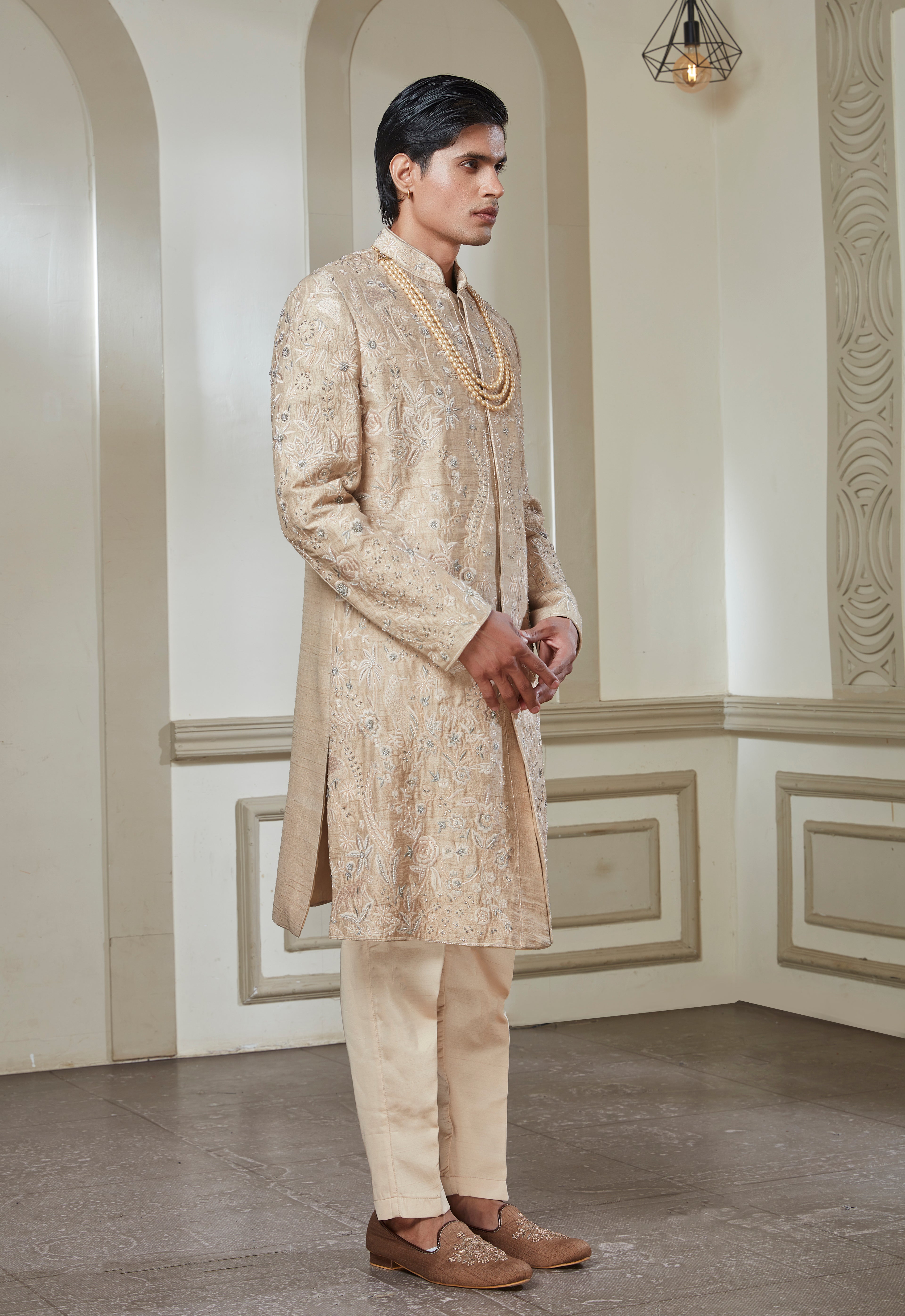Beige Embroidered Sherwani Set